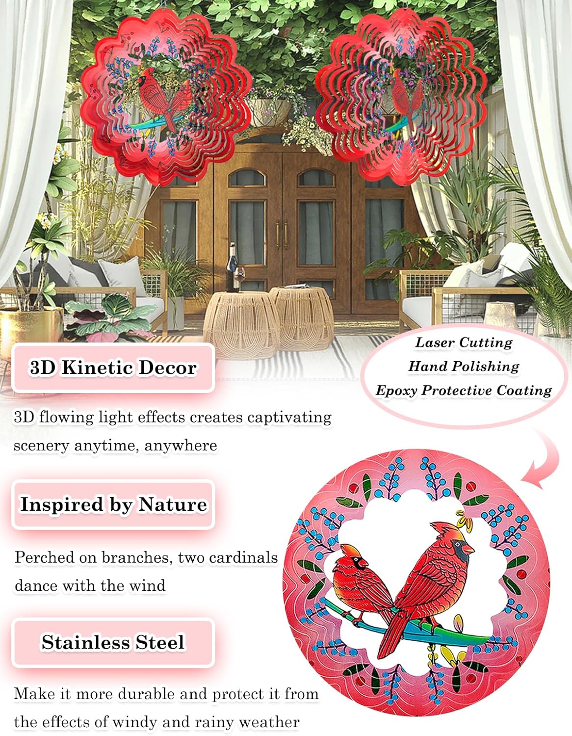 Cardinal Wind Spinners Outdoor Garden Decor for Outside - 12 Inch 3D Stainless Steel Metal Wind Spinners - Cardinal Gardening Gifts for Women, Yard Decorations Outdoor Hanging Decor