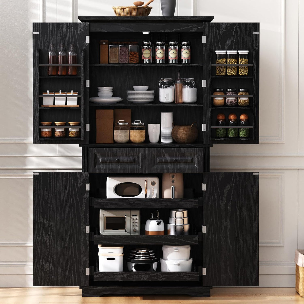 71" Tall Kitchen Pantry Cabinet, Freestanding Storage Cabinet with 3 Pull-Out Cabinet Organizers 6 Door Storage Shelves 2 Drawers, Farmhouse Embossed Texture Cupboard for Kitchen, Black