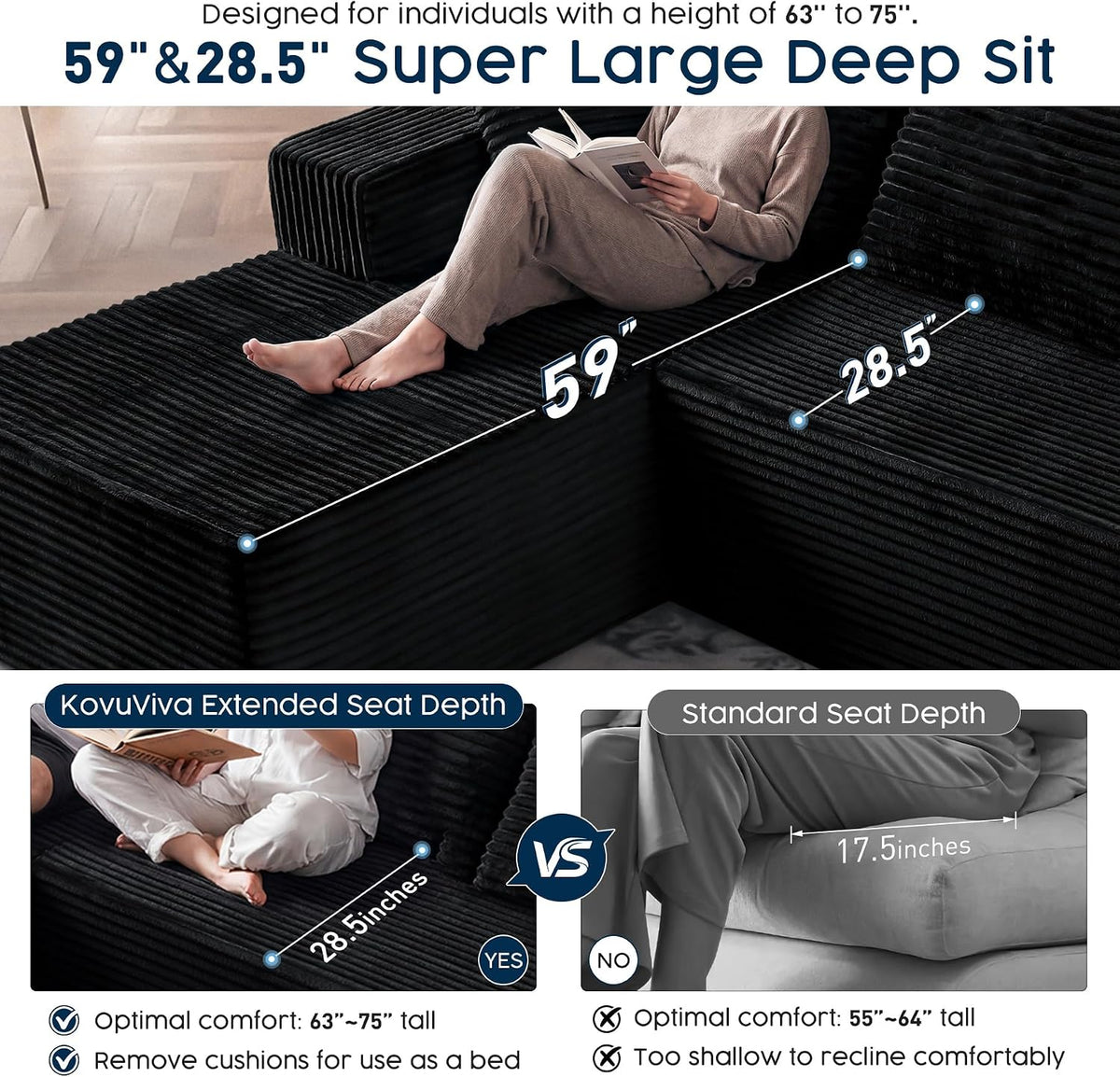 108” Modular Sectional Sofa, Right Facing Chaise (Sitting: Chaise on Your Right), Black Corduroy Cloud Couch, Deep Seat 5-Seater, Converts to Bed, No Assembly Required for Living Room