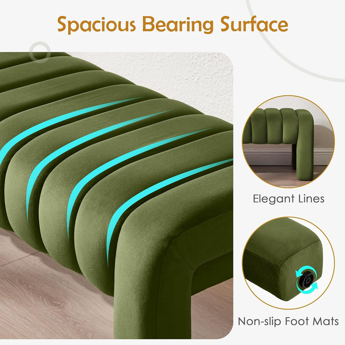 43.3” Dining Room Bench, Olive Green Tufted Upholstered End of Bed Bench, Modern Entryway Ottoman Window Seat with Solid Wood Legs and Padded Seat for Bedroom, Hallway and Living Room (Velvet)
