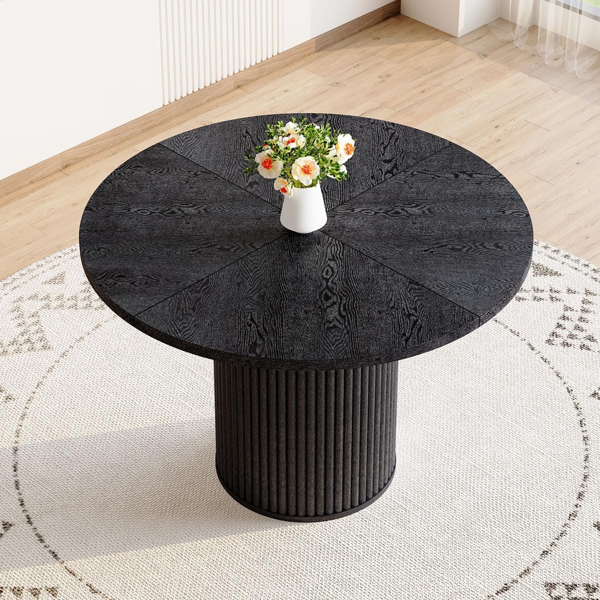 Round Dining Table for 4-6, Black Dining Table with 42'' Wood Tabletop and Cylindrical Pedestal Base, Circle Dinner Table for Kitchen&Dining Room
