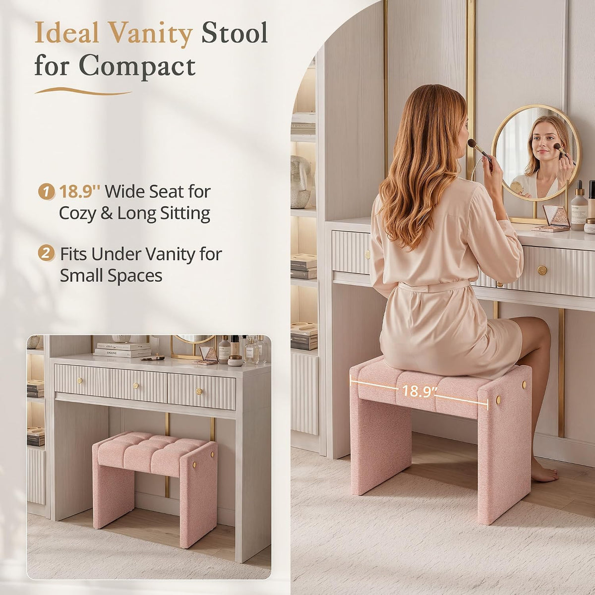 LUE BONA Modern Grid Tufted Vanity Bench Stool, 4.33'' Thick Chenille Upholstered Ottoman Footstool for Makeup Room, Bedroom & Living Room, 200lbs Capacity, Pink