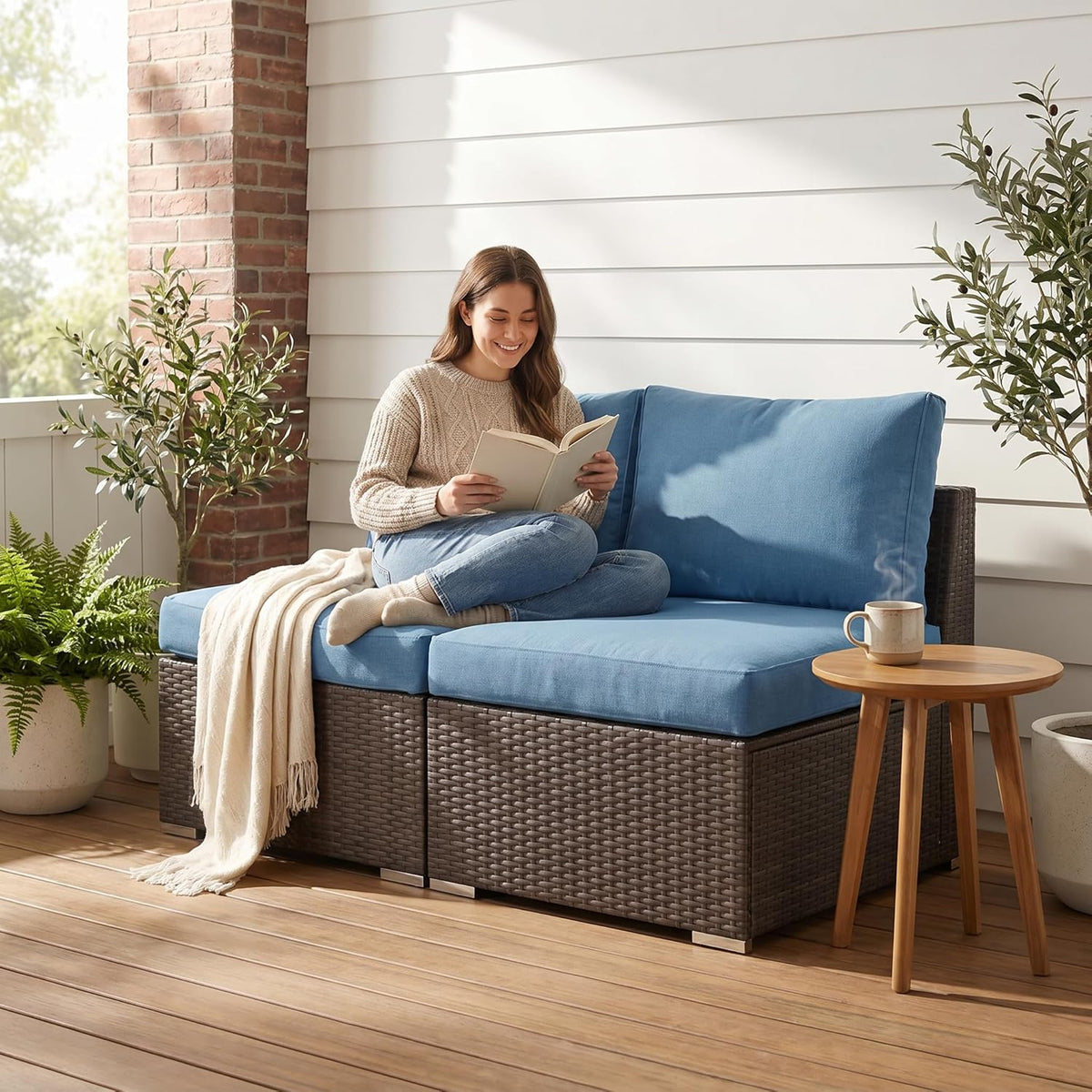 Wisteria Lane Outdoor Sofa, 2 Pieces Wicker Patio Furniture Set with Washable Cushions, Armless Patio Sectional for All-Weather, Oversized Outside Furniture for Garden, Poolside, Backyard, Light Blue