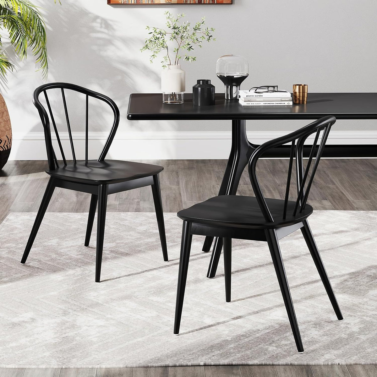 Giantex Wooden Dining Chairs Set of 2, Black Windsor Kitchen Chair w/High Spindle Back & Rubber Wood Legs, Wide Seat & Curved Backrest, Farmhouse Side Chairs, Armless Accent Chair for Home Restaurant