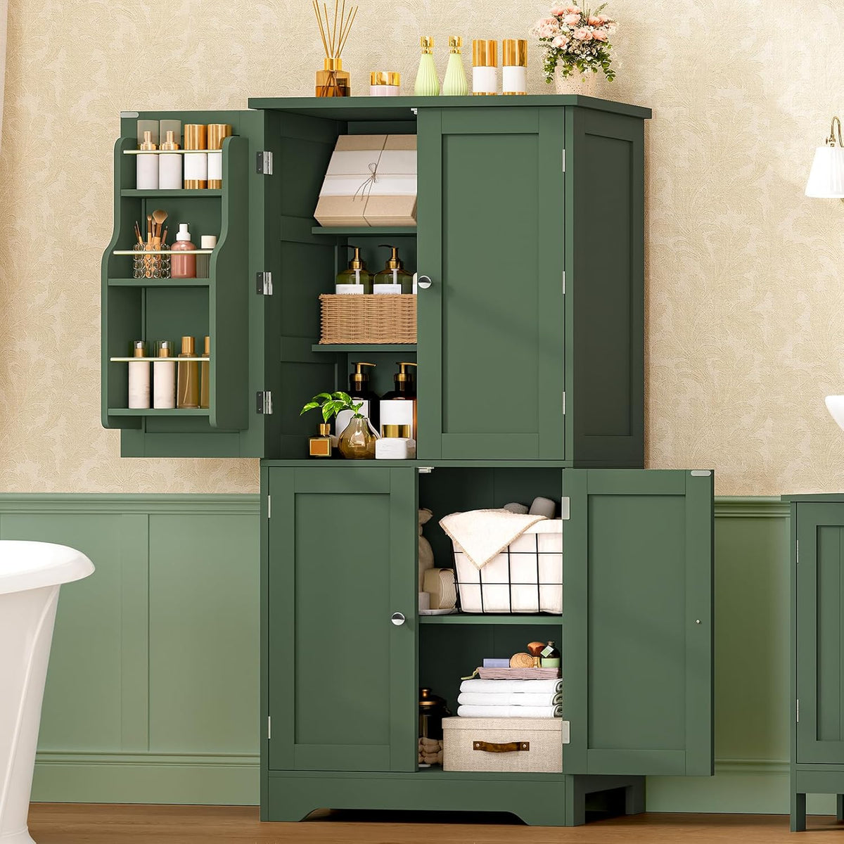 TEENFON 51" H Pantry Cabinet with 4 Doors, Kitchen Cabinet with 6 Door Shelves, Kitchen Pantry for Living Room, Dining Room, Bathroom, Green