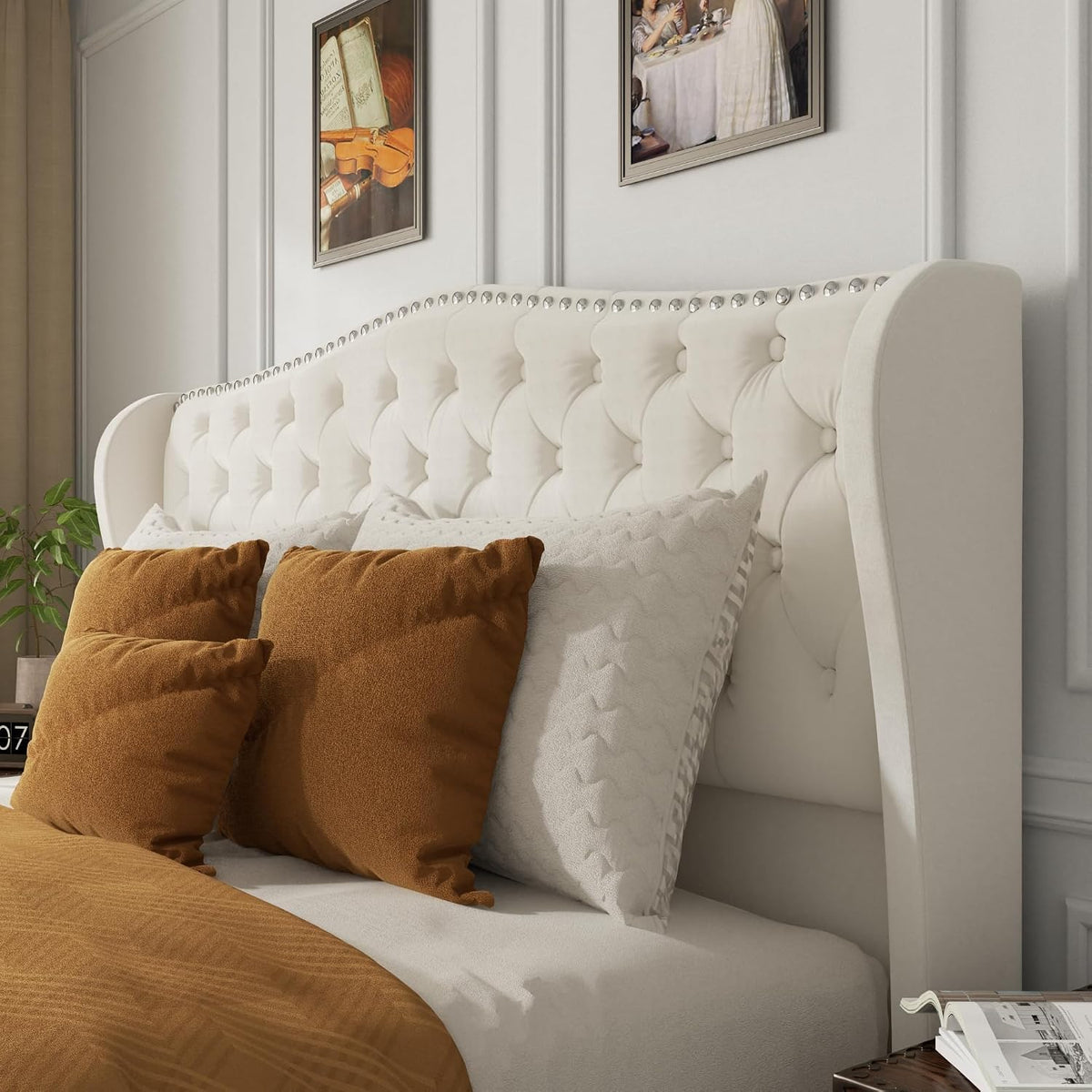 King Size Bed Frame with Tall 51.2" Wingback Headboard, Luxury Platform Bed with Velvet Upholstered Footboard, Deep Button Tufted, Nailhead Trim, No Box Spring Needed, Easy Assembly, Cream