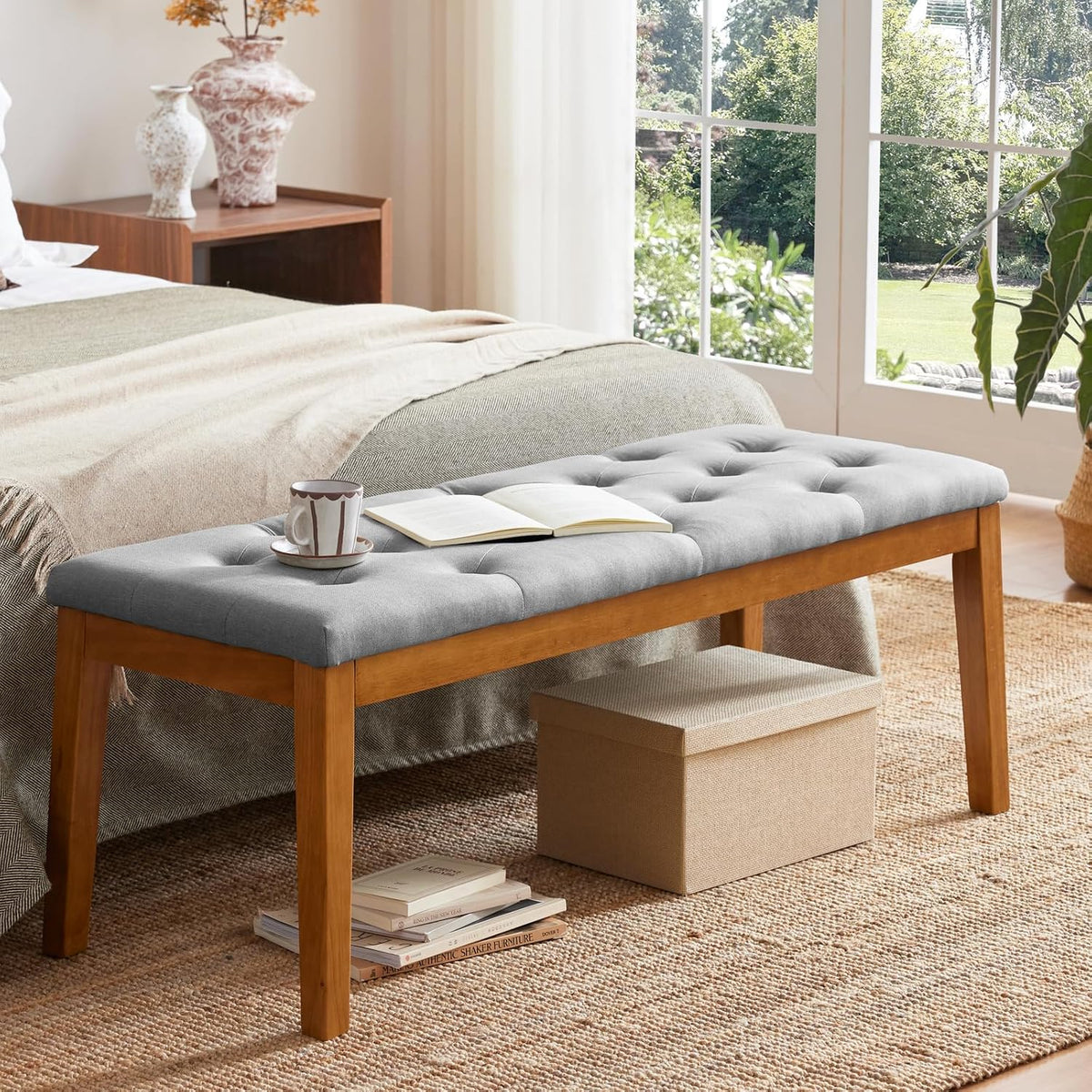 Ottoman Bench Oversized Entryway Shoe Bench Seat Linen Grey | Large Long Rectangle Dining Bench with Button-Tufted Padded Upholstered Seat & Wood Legs for Living Room Bedroom End of Bed