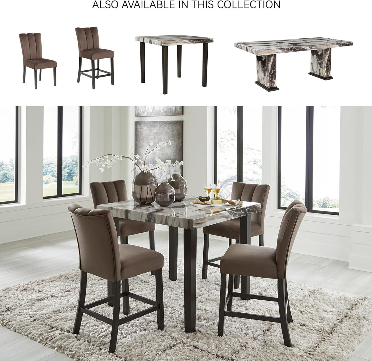 Signature Design by Ashley Jazmore Contemporary Counter Height Dining Table with Faux Marble Pattern, Dark Brown & Beige