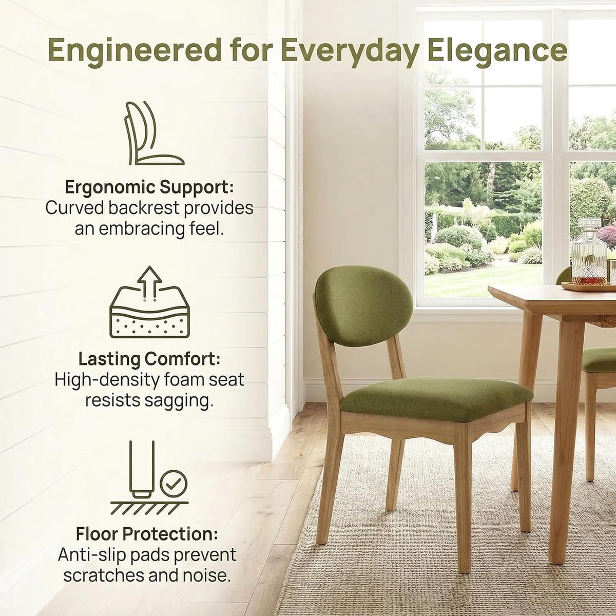 ROCITY Green Upholstered Dining Chairs Set of 2 Wood Dining Room Chairs Farmhouse Boho Kitchen Chairs Linen Fabric Natural Oak Wood