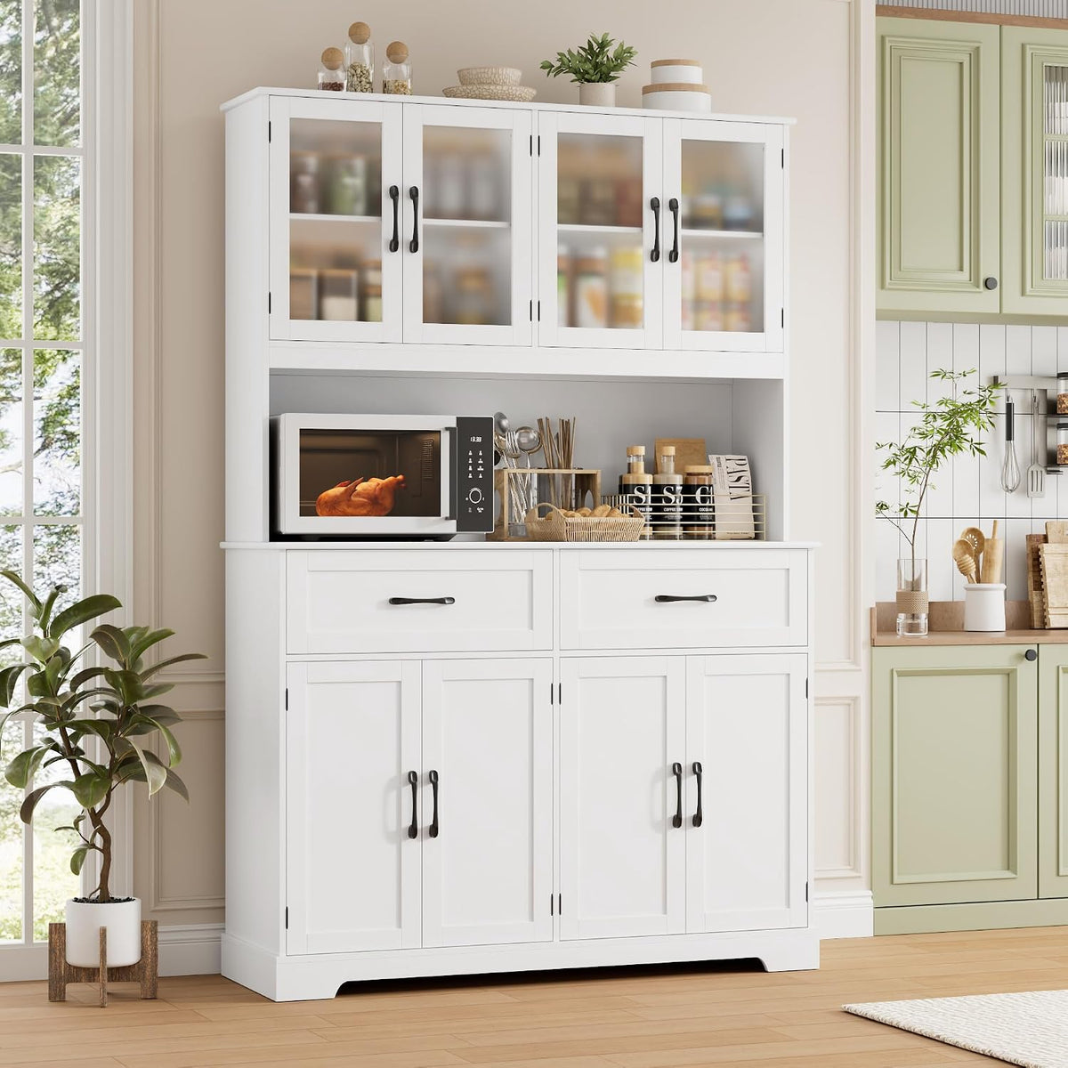 BOTLOG 71" Large Pantry Storage Cabinet with Microwave Stand | Tall Hutch Cabinet with Glass Doors 8 Storage Compartments for Dining Room, Modern White