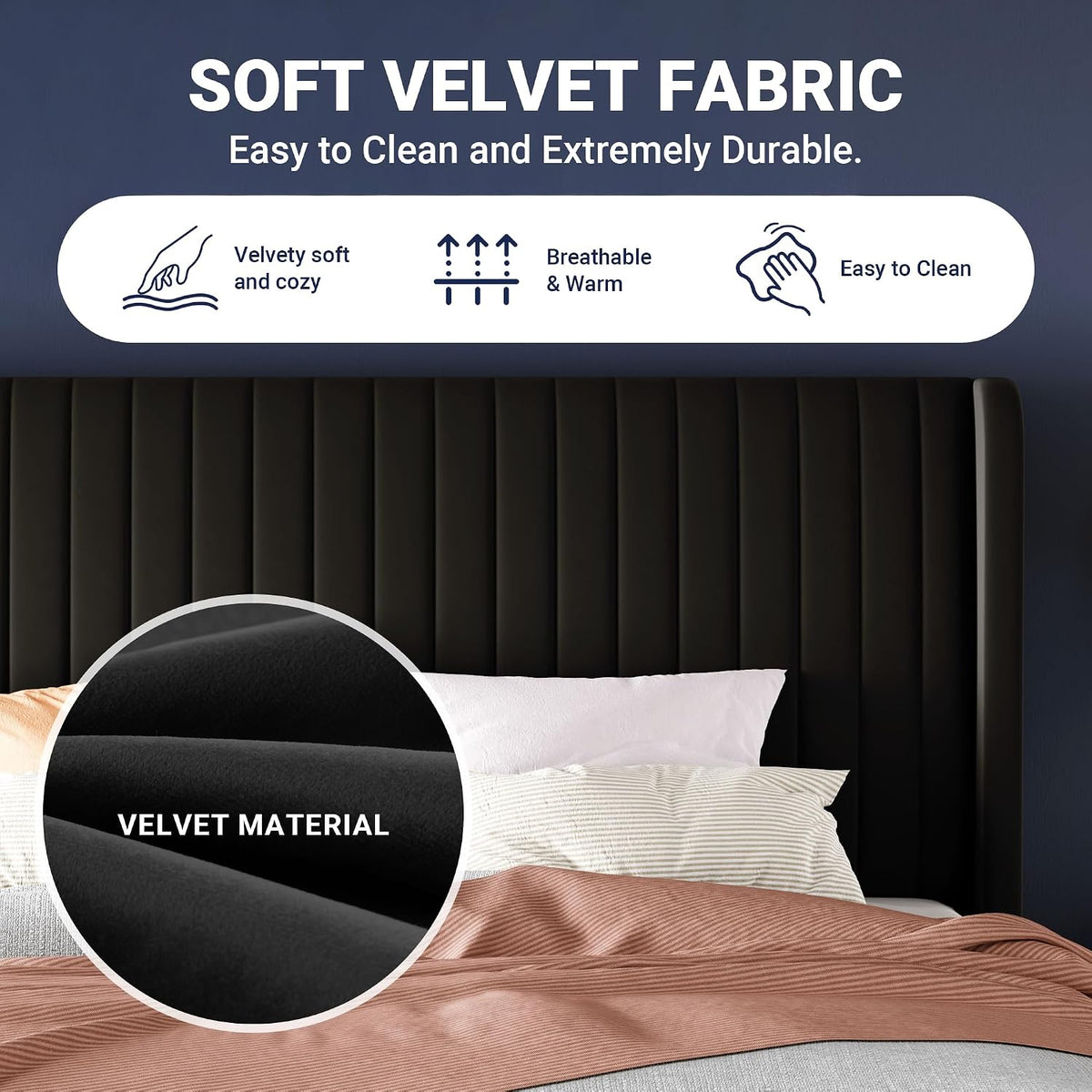 Allewie Queen Size Velvet Bed Frame/Vertical Channel Tufted Wingback Headboard/Upholstered Platform Bed/Strong Wooden Slats/No Box Spring Needed/Easy Assembly/Black