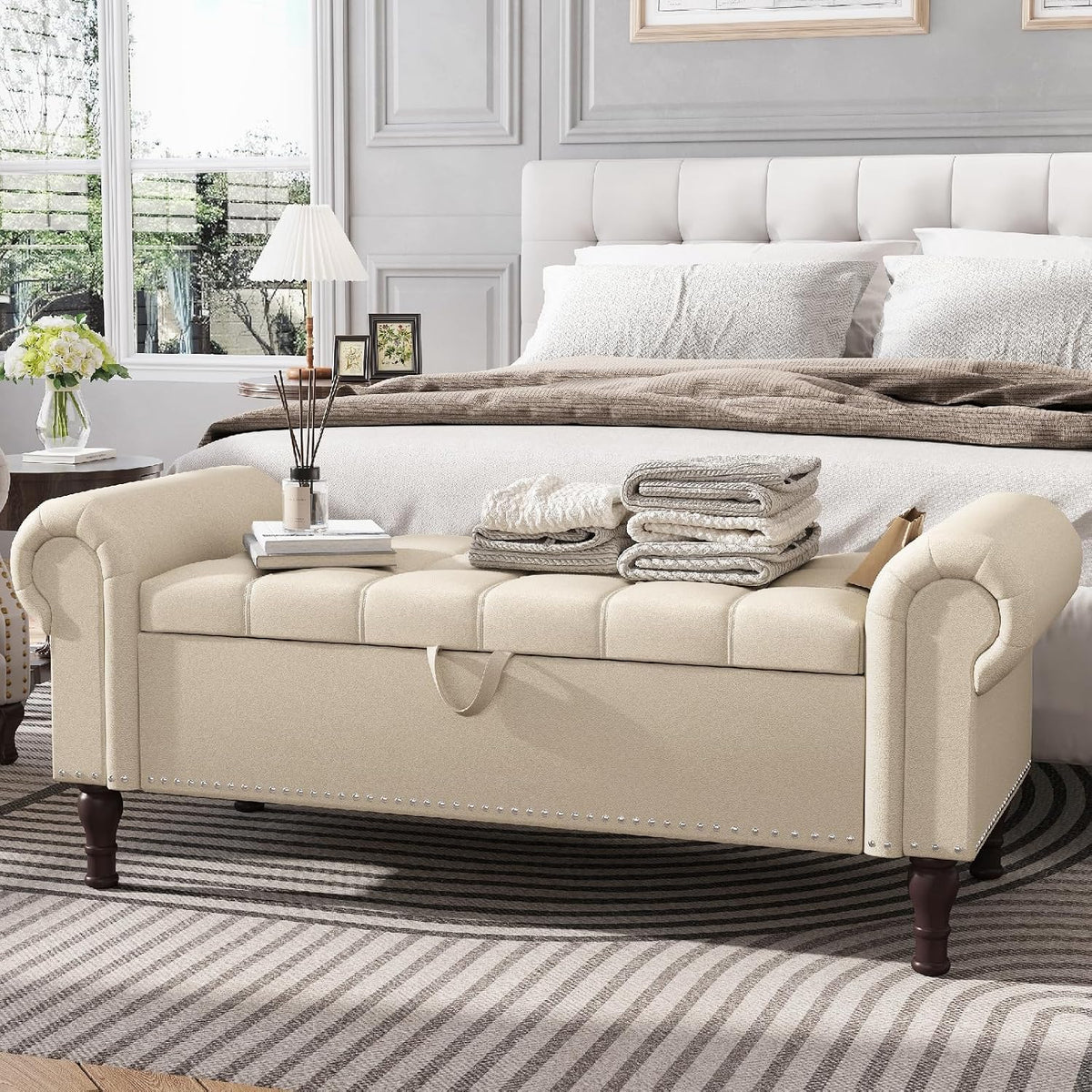 Apicizon 51” Bench with Storage, Faux Leather Ottoman Bench with Rolled Arm & Vintage Rivets, End of Bed Bench for Bedroom, Living Room, Entryway, Beige+Brown Legs