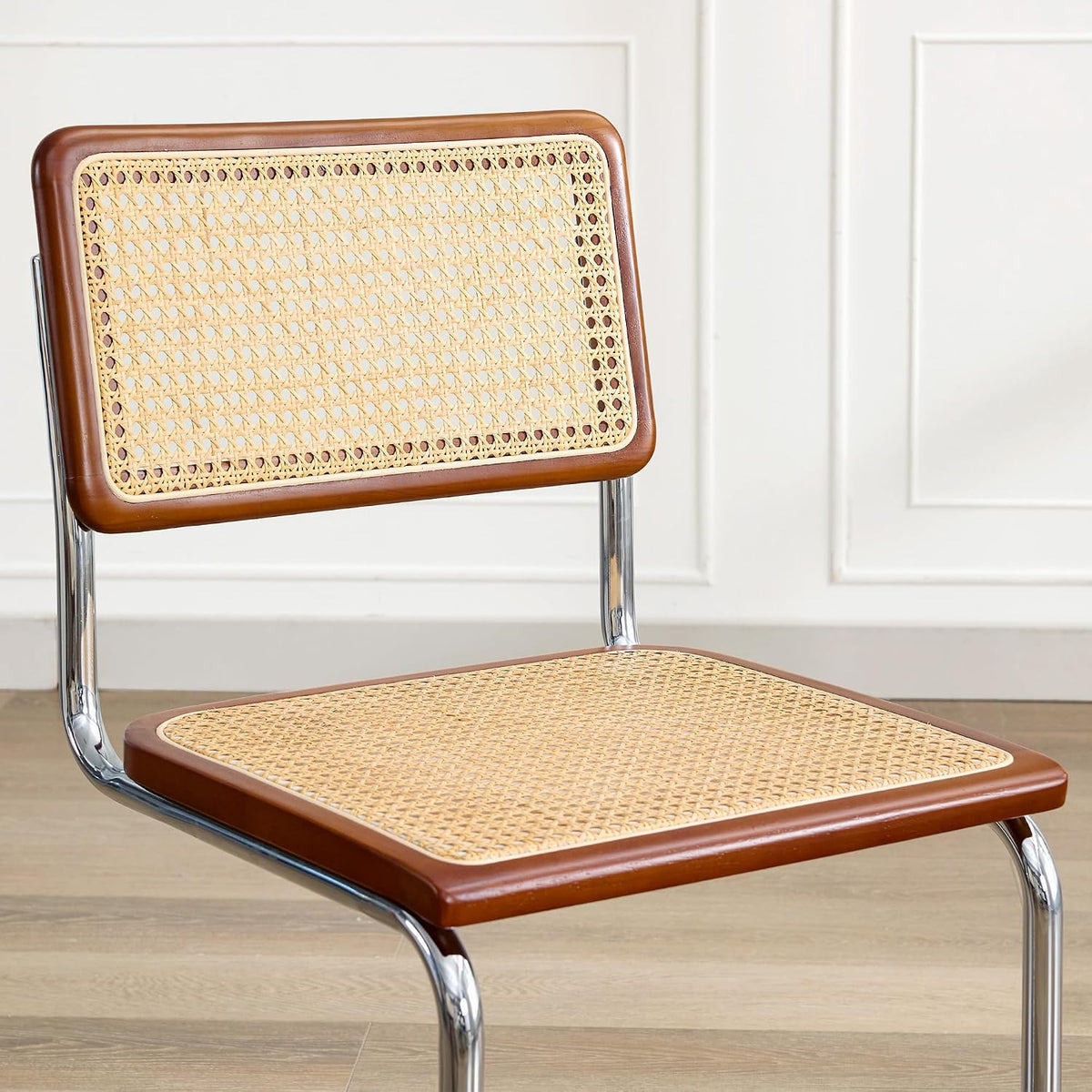 Flouki Rattan Dining Chairs Set of 2, Boho Accent Chairs for Kitchen Room with Natural Cane Mesh, Mid Century Cantilever Design, Solid Rubber Wood, Brown