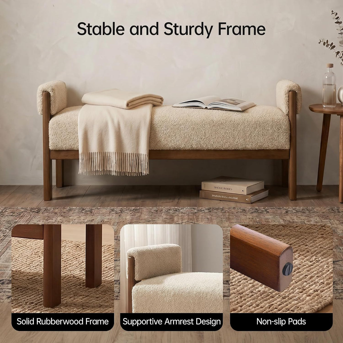 VKNOW 51.8”End of Bed Bench Upholstered Bedroom Bench with Arms, Brown | Solid Rubberwood Legs, Soft Fabric, Thickened seat cushion, Bedroom Living Room Entryway Dressing Areas, Easy to Assemble