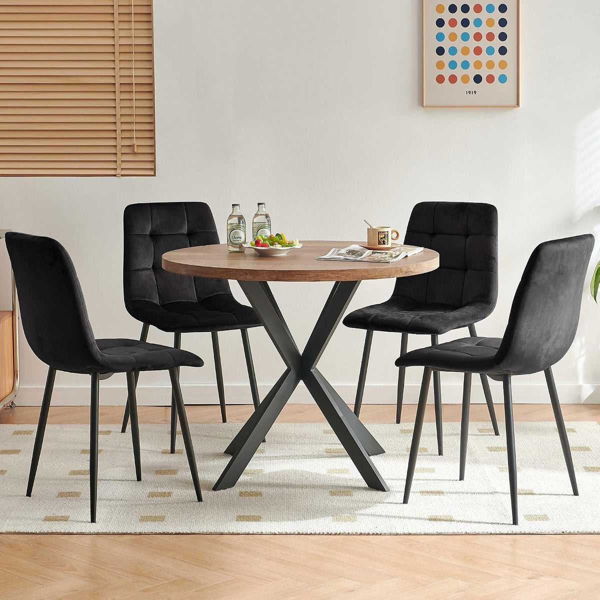 5-Piece Round Dining Table Set - Kitchen Table Chairs Set of 4 with Black Velvet Upholstered Chairs -Dining Table Set for 4