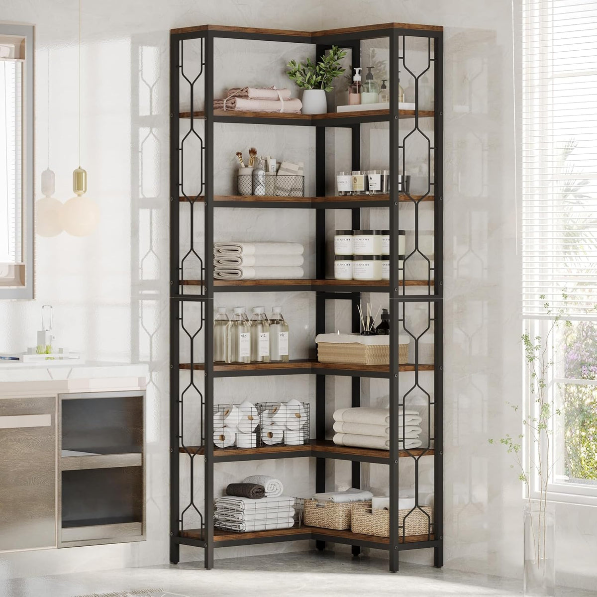 Tribesigns Corner Shelf, 7-Tier Industrial Corner Bookshelf and Bookcase | Freestanding Display Shelf for Living Room, Wood and Metal Corner Book Shelves, Corner Bookcase for Home Office, Rustic Brown