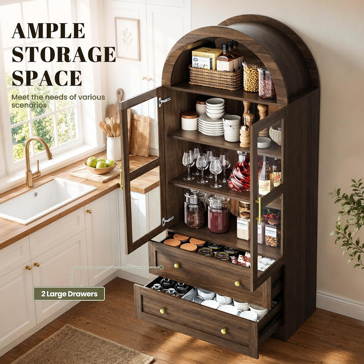 71" Tall Arched Kitchen Pantry Cabinet, Modern Farmhouse Kitchen Storage Cabinet with 2 Large Drawers & Acrylic Doors, Freestanding Versatile Cupboard for Living Room, Dining Room, Brown