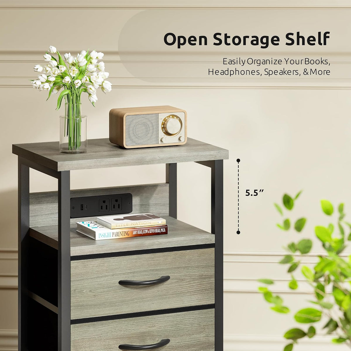 Lazzanto Night Stand with Charger Station, 2 Fabric Drawers, Grey | Nightstand, Bedside Table, Open Shelf, Built in USB-A, USB-C Port & AC Outlets, For Bedroom, Dorm, Living Room