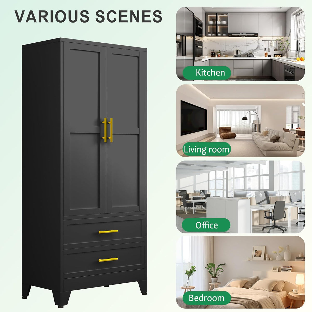 pozdeg 71" Metal Armoire Wardrobe Closet, Tall Clothing Storage Cabinet with Hanging Rods and 2 Drawers, Household Closet Organizers with Adjustable Shelves for Home Office or Gym (Armoire-Black)