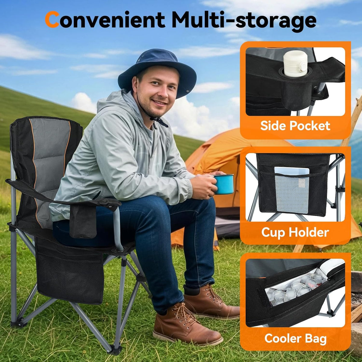 Camping Chairs, 2 Pack Oversized Heavy Duty Fully Padded Folding Chairs | with Cup Holder, Cooler Bag and Side Pocket, Support 400 LBS, Carry Bag Included, Versatile for Sports,Outdoors & Lawns