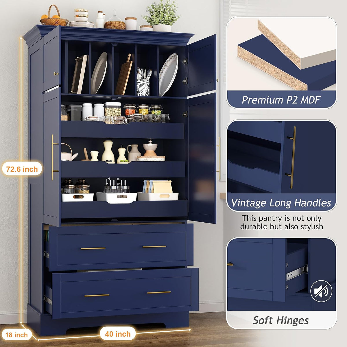 roomfitters 73 Inch Large Kitchen Pantry with 4 Doors, Pull-Out Trays and Cake Pan Organizer, Blue