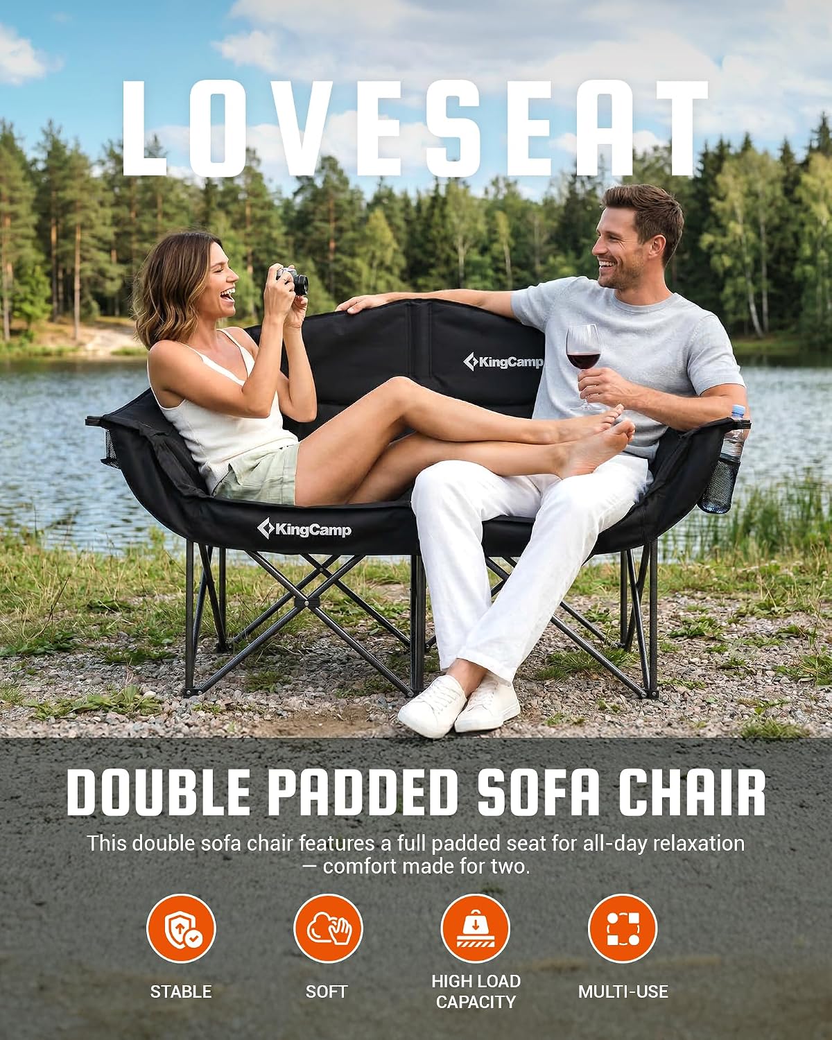 KingCamp Double Camping Chair, Heavy Duty 660lbs Folding 2 Person Chair | Portable Loveseat Couch Padded Comfortable Two Seat with Cup Holder&Carry Bag for Outdoor Lawn Backyard, Black