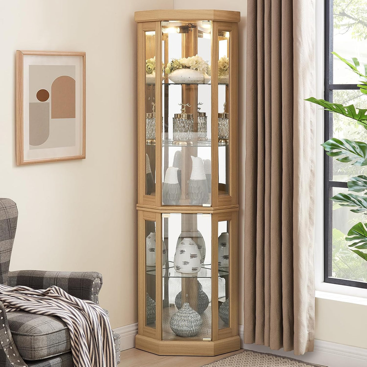 Tall Corner Cabinet with Glass Doors, Lighted Glass Display Curio Cabinet with Adjustable Shelves, Home Office Floor Standing Display Cabinets for Bar, Liquor Storage and Medal, Light Oak