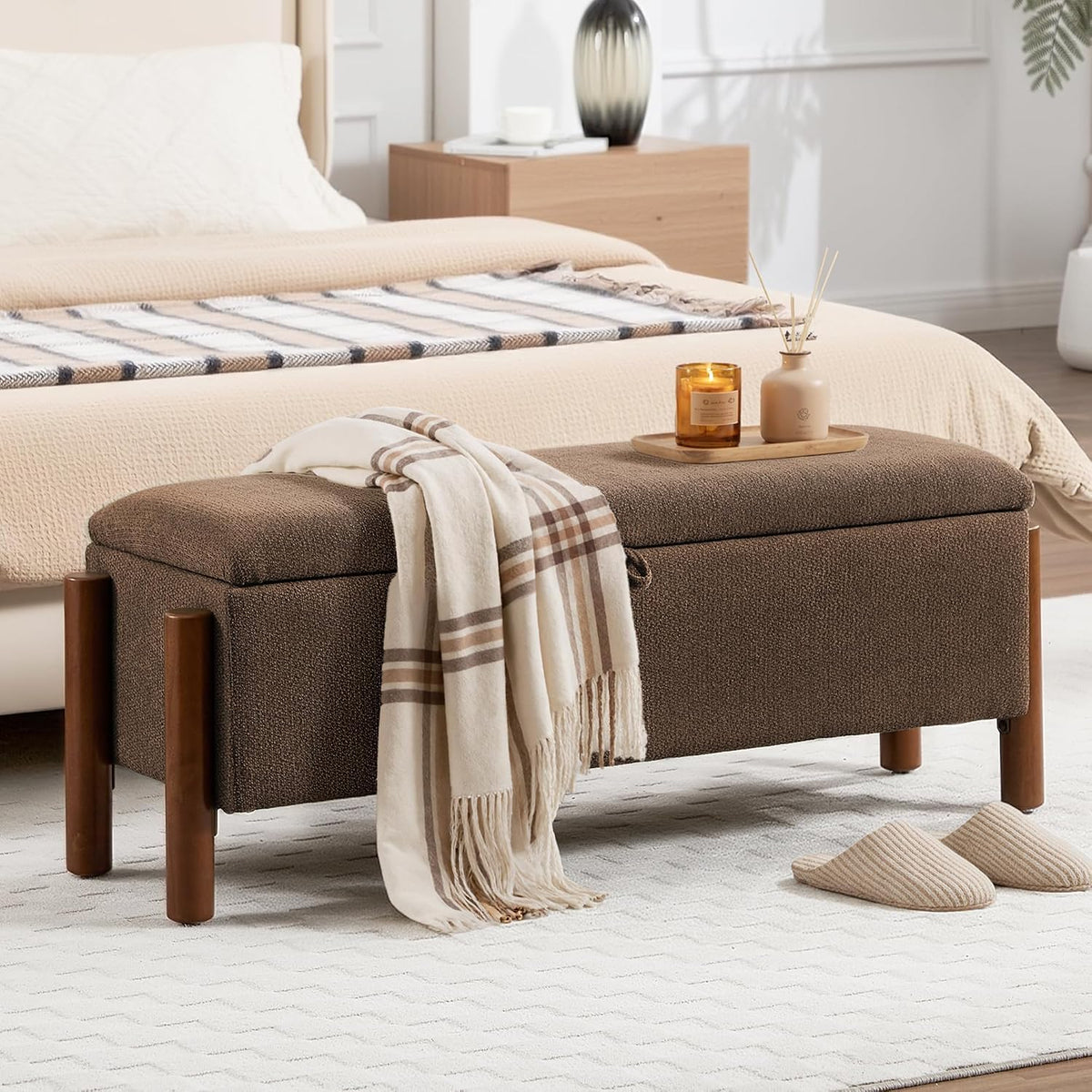 47'' Modern Storage Ottoman Benches with Walnut Wood Legs Ottoman Bench with 22 Gallons Storage Space Fabric Upholstered Seating End of Bed Bench for Bedroom for Livingroom Brown
