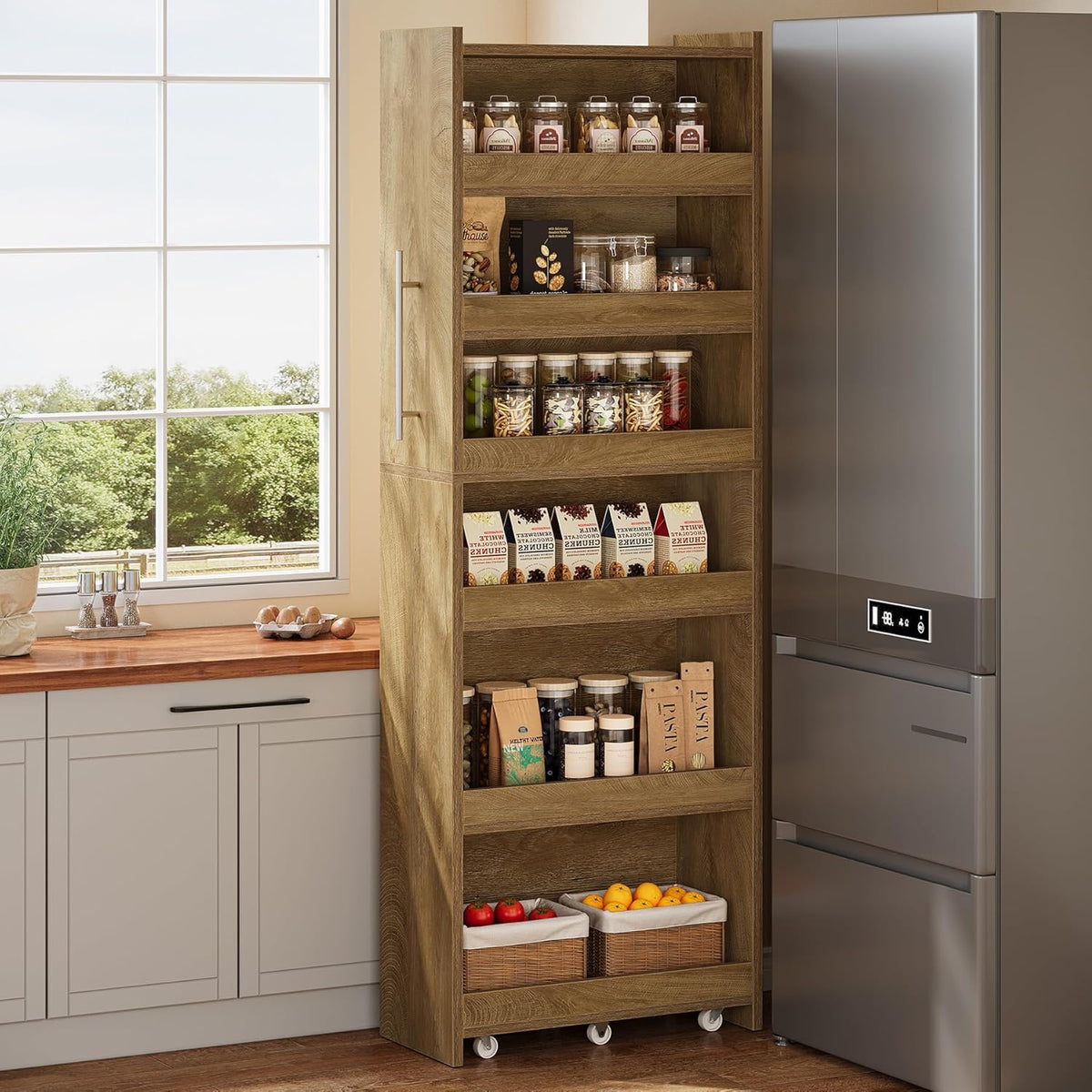 Tribesigns 72.83-Inch Tall Slim Storage Cart with Wheels, 6-Tier Narrow Rolling Utility Pantry Cart, Skinny Mobile Shelving Unit with Metal Handle for Kitchen, Laundry Room, Narrow Spaces, Brown
