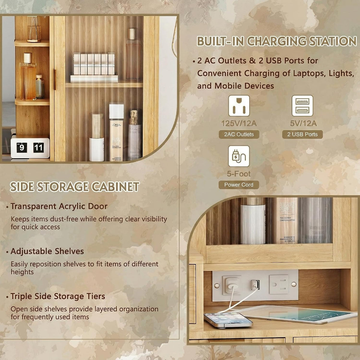 49" Wooden Vanity Desk with Mirror and Lights, Fluted Boho Makeup Vanity Table with Modern Glass Top, Charging Station, 5 Drawers, 2 Cabinet with Adjustable Shelves, Light Wood