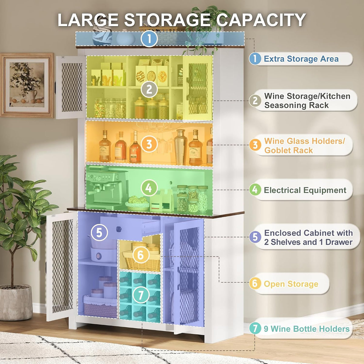 70.9” Kitchen Pantry Cabinet, Farmhouse Rustic Buffet Hutch with LED Lighting and Power Outlets, Large Food Pantry Cabinet with Doors and Adjustable Shelves, Storage Cabinet with Wine Rack for Kitchen
