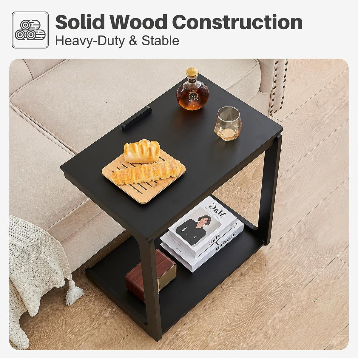 C-Shaped End Table with Wheels - Rolling Side Table for Couch, Solid Wood Modern Adjustable Angles Tv Tray Sofa Tables for Living Room, Bedroom, Home Office, Black, 15.4"D x 23.6"W x 24.8"H