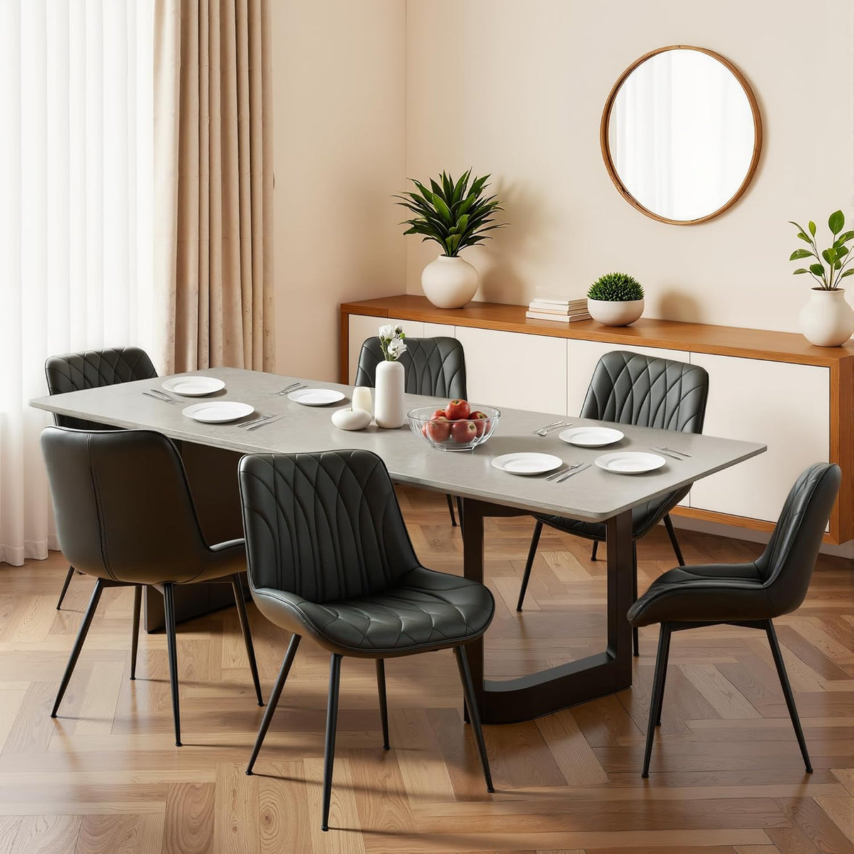 GarveeHome Dining Chairs Set of 6, Modern Dining Room Chairs with Thick Cushions, Upholstered Faux Leather Cushion Seat and Sturdy Metal Legs, Kitchen Side Armless Chair Black
