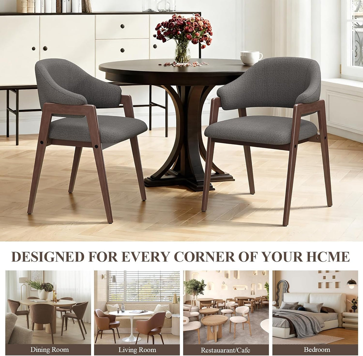MALOL Wooden Dining Chairs Set of 4, Modern Fabric Upholstered Dining Room Chair, Kitchen Side Chairs, Farmhouse Dinner Chair with Curved Open Back for Kitchen, Grey