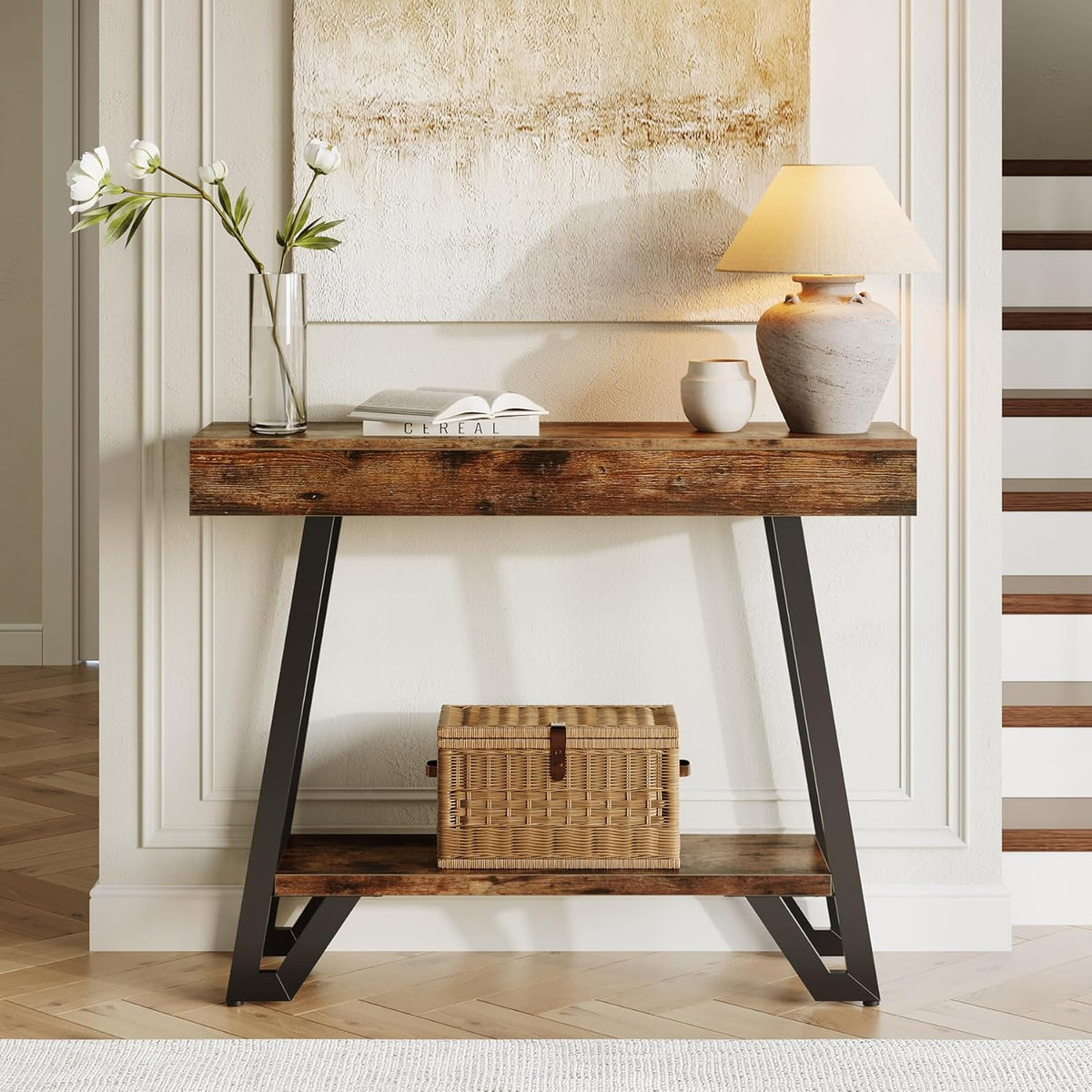 LITTLE TREE 41-Inch Console Table with Geometric Metal Frame, Rustic Brown, Entryway Tables, Storage Shelves, 2-Tier, Industrial, Hallway Sofa Table, Accent Table, Living Room
