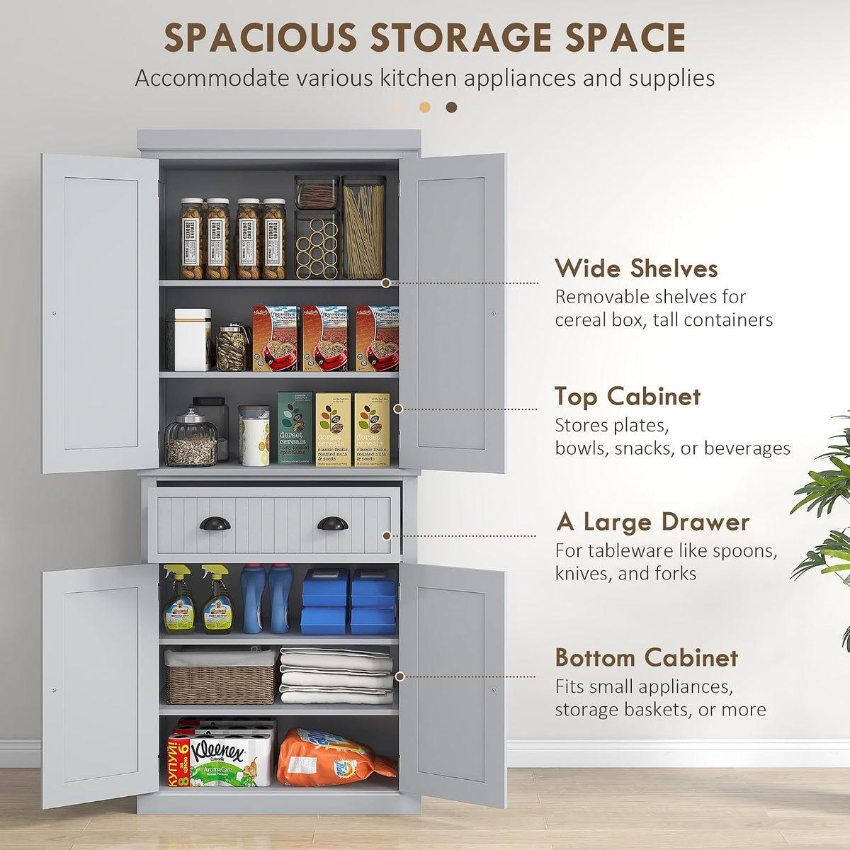 HOMCOM 72" Kitchen Pantry Cabinet Freestanding Tall Storage Cabinet Gray | Traditional Kitchen Pantry, 4 Doors, Drawer, 3 Adjustable Shelves, for Dining Room