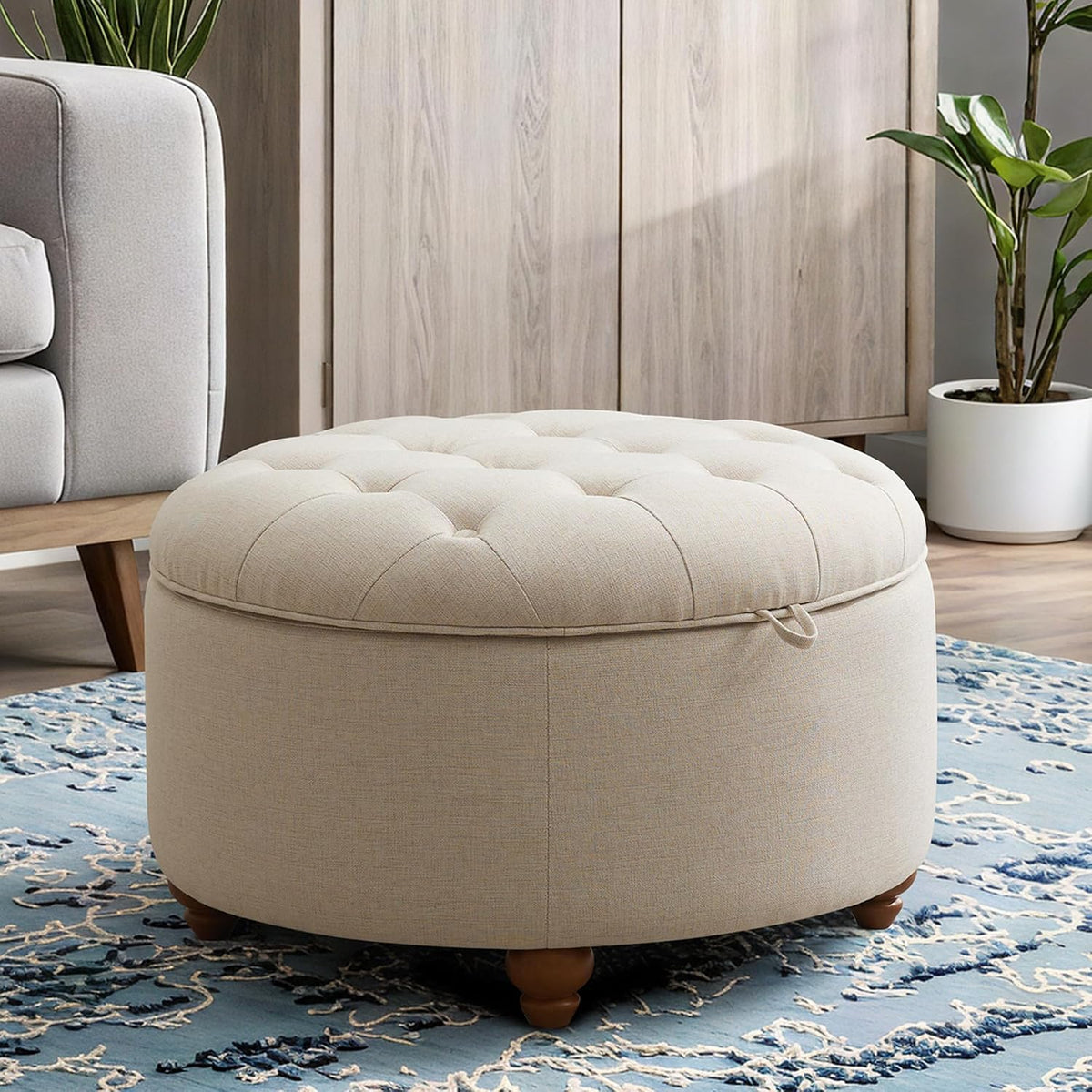 30'' Round Ottoman Coffee Table with Storage, Upholstered Tufted Ottoman with Flip Tray, Solid Wood Legs for Living Room, Bedroom, Khaki