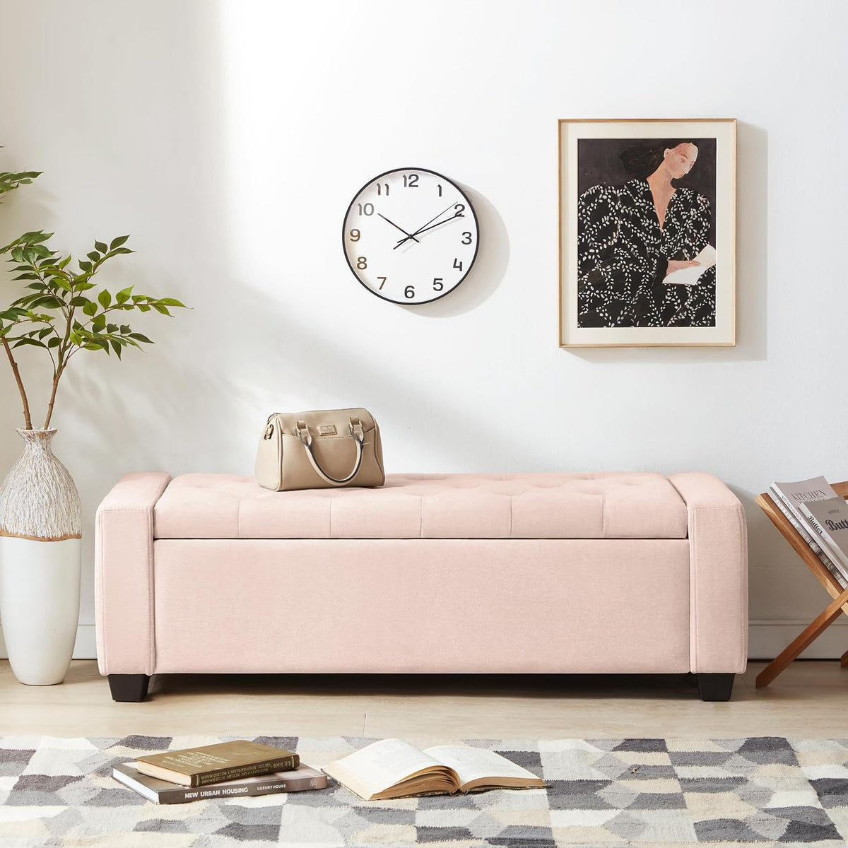 Mangodan 48" Ottoman with Storage, Soft Storage Ottoman Bench for Bedroom, Tufted Upholstered Window Benches, End of Bed Bench for Living Room, Entryway Bench with Seating, Foot Rest, Pink