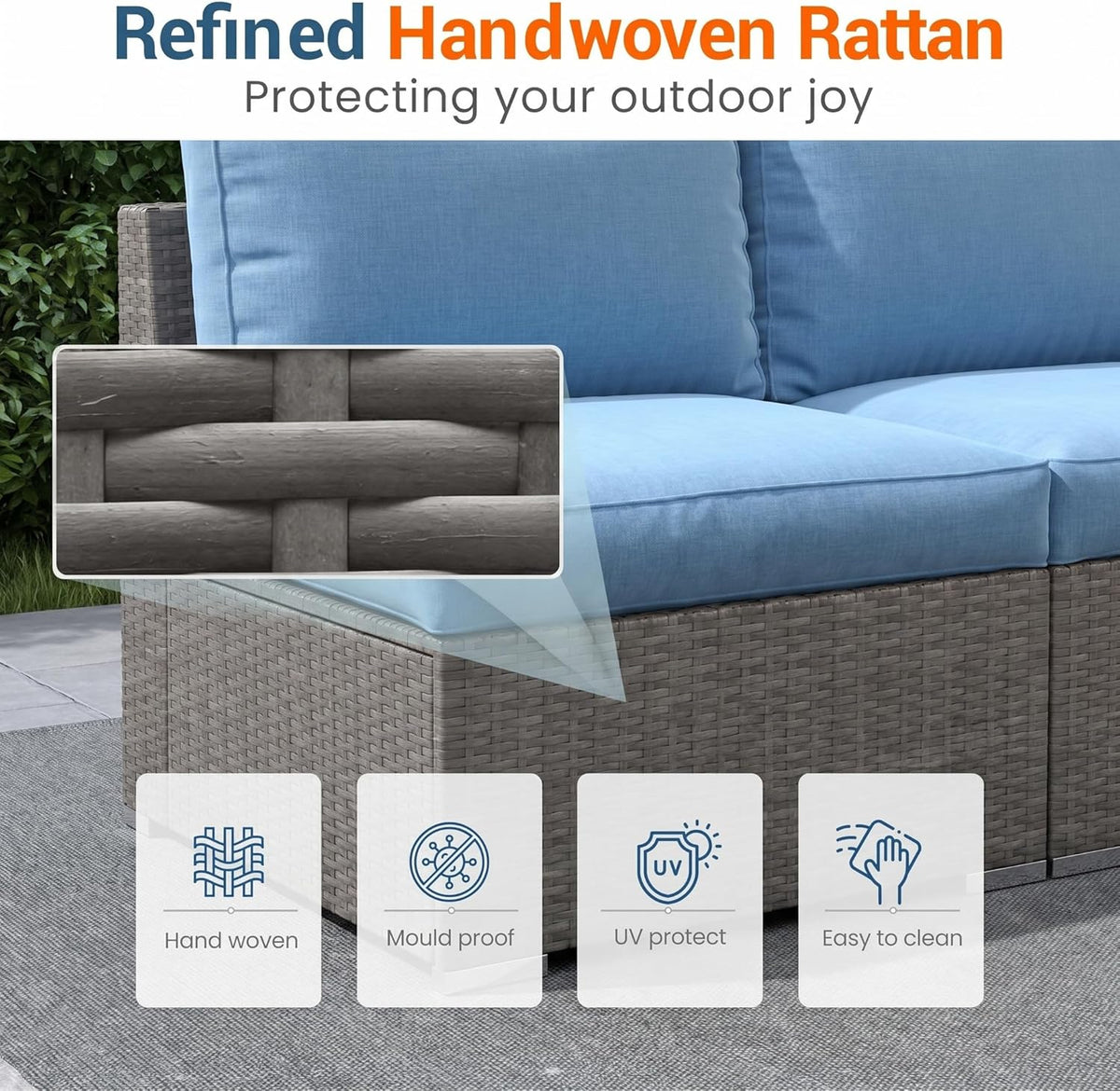 Wisteria Lane Outdoor Sofa, 2 Pieces Wicker Patio Furniture Set with Washable Cushions, Armless Patio Sectional for All-Weather, Oversized Outside Furniture for Garden, Poolside, Backyard, Light Blue