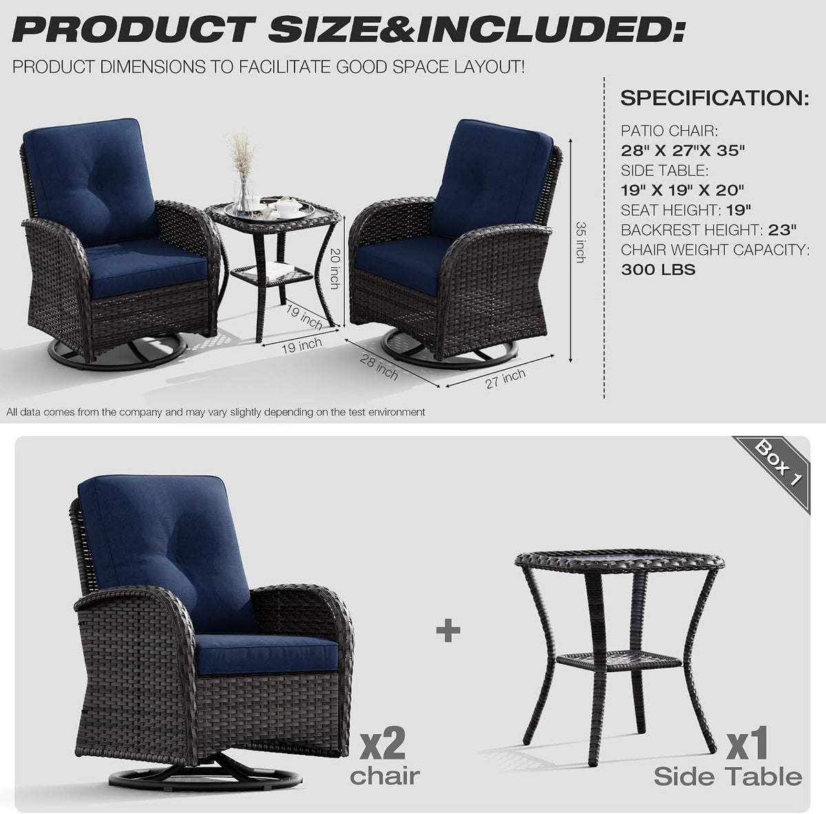 Joyside Patio Swivel Rocker Wicker Chairs - Outdoor Swivel Rocking Chairs Set of 2 with Wicker Side Table, Patio Swivel Rocker Chair 3 Piece Patio Furniture Sets for Porch Deck(Brown/Blue)