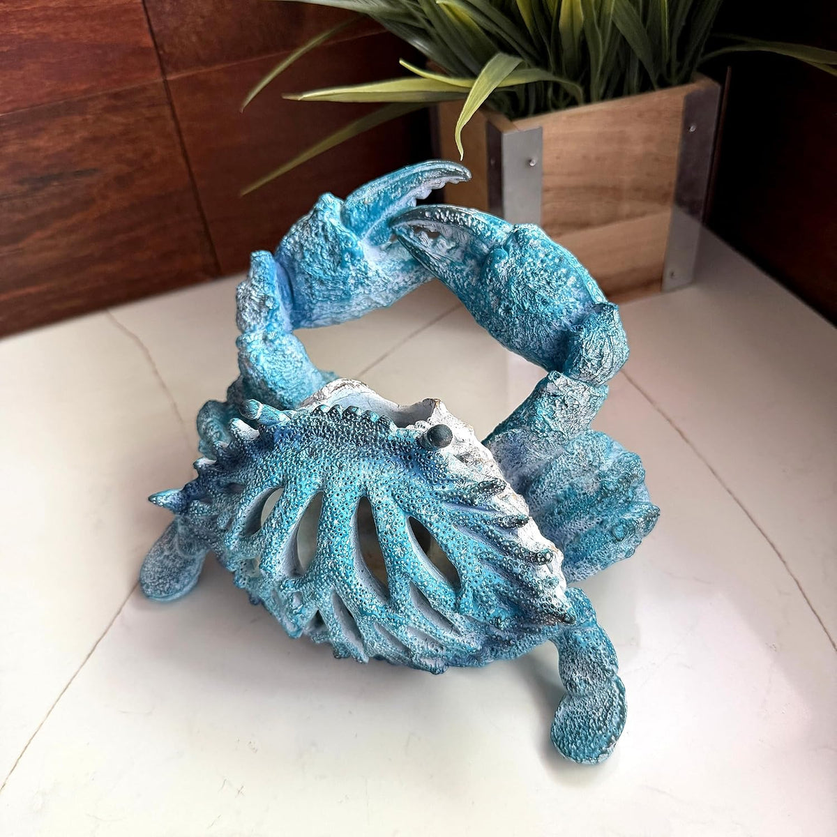 Crab Wine Bottle Holder, 8 Inch Turquoise Resin with Coral-Look Center | Raised Claws, Shell Ridges, Textured Legs, Distressed Whitewashed Finish, Open Center for Angled Display
