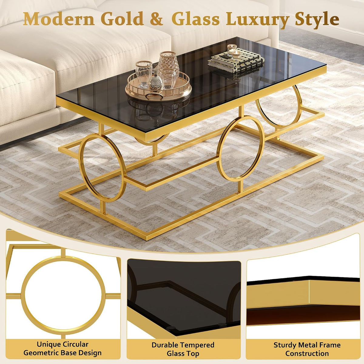 Glass Nesting Coffee Table Set with Metal Frame & Glam Design, Gold & Black | Modern Round Cocktail Center Table with Tempered Glass, Luxury for Living Room & Home Decor