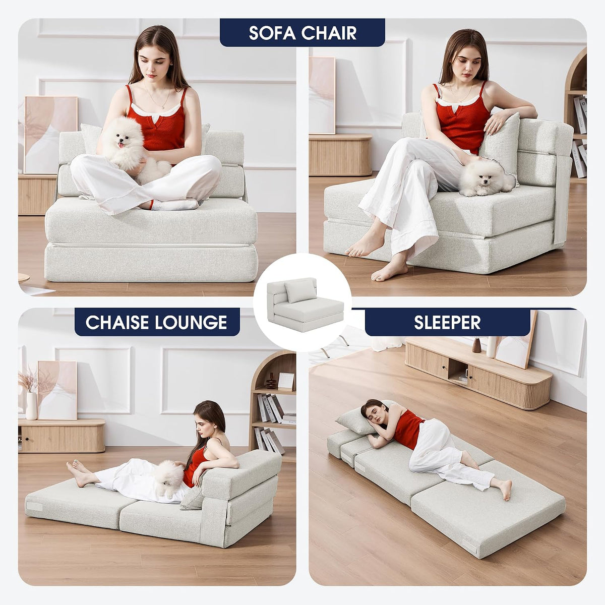 KINGYES 3-in-1 Foldable Chair Bed, Folding Sleeper Chair with Back Cushion, Convertible Sofa Bed for Adults, Cream Beige