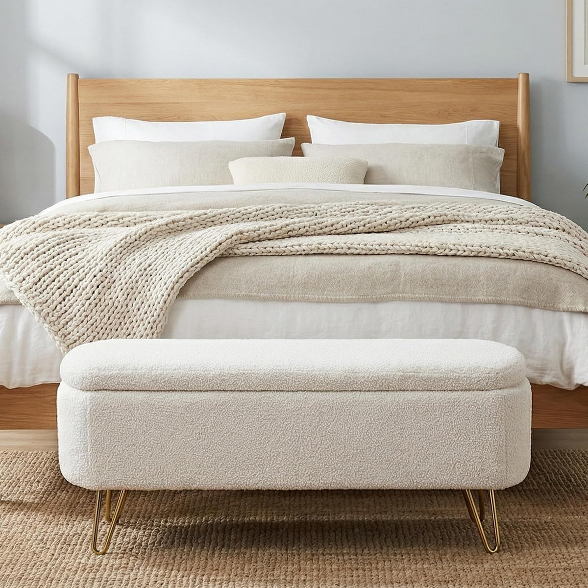 Ottoman with Storage, Small Boucle Storage Ottoman Bench,Upholstered Entryway End of Bed Bench with Cushion and Gold Legs for Bedroom Living Room, Ivory