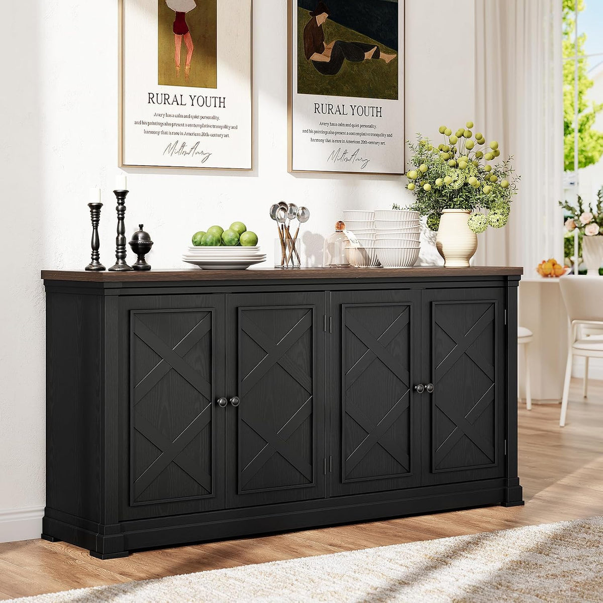 ONBRILL 63 Inches Buffet Cabinet with Storage, Large Sideboard Cabinet with 4 Barn Doors, Adjustable Shelves, Wood Coffee Bar Station for Kitchen, Living Room, Black