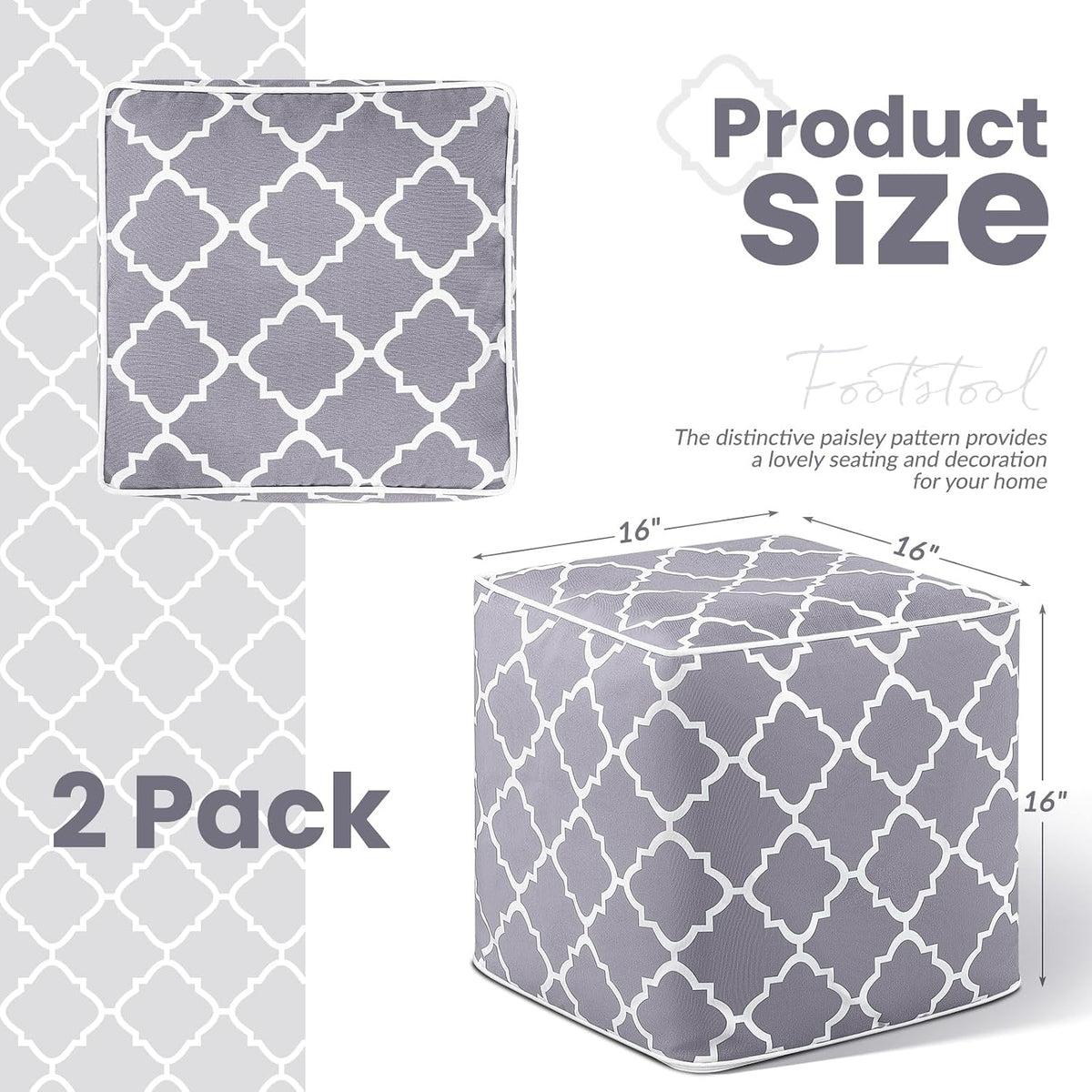 Juexica 2 Pack Inflatable Outdoor Ottoman Pouf Waterproof Cube 16" Square Blow up Ottoman Footrest with Handle Outdoor Portable Footstool for Patio Garden Camping or Home Pool(Classic,Grey)