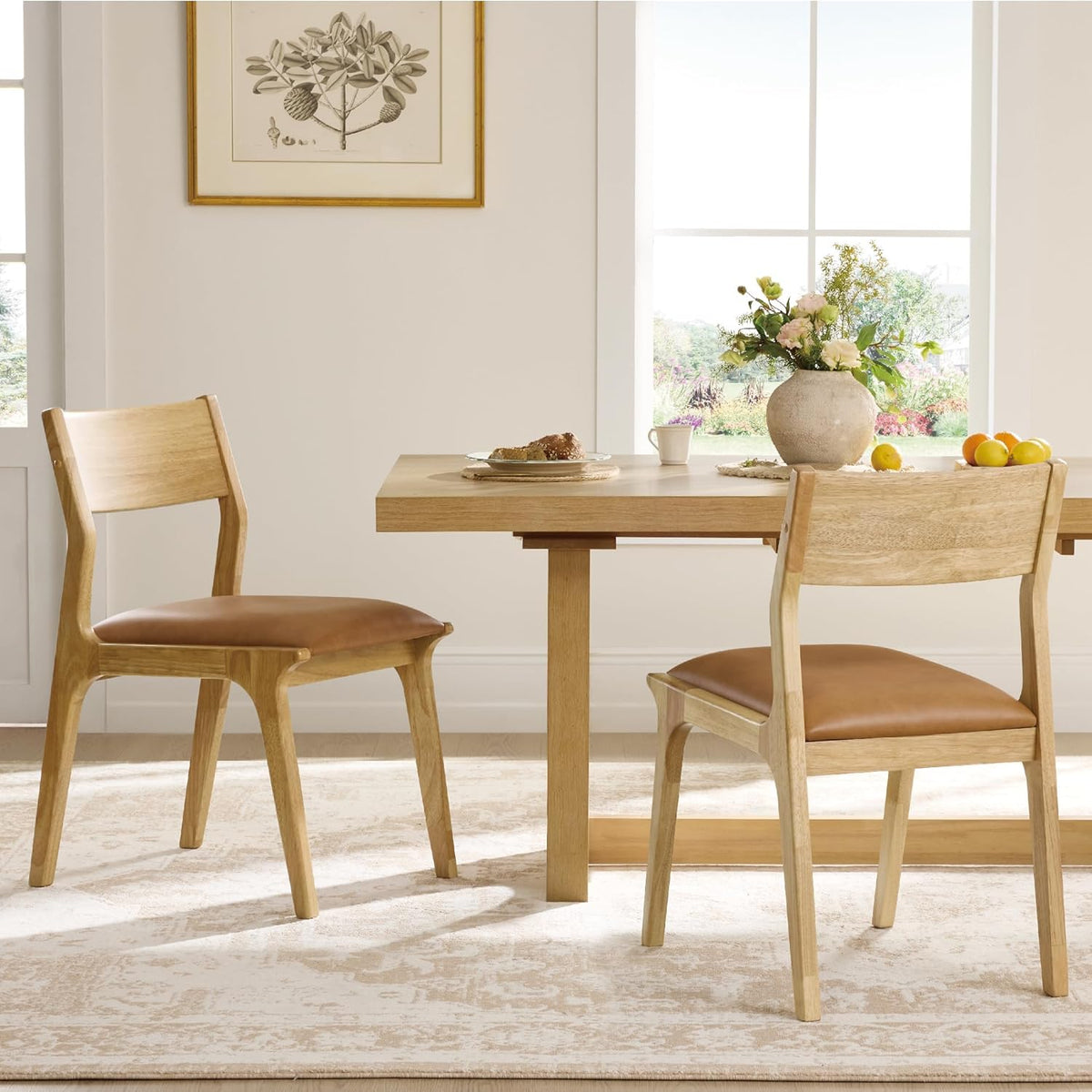 Watson & Whitely Wood Dining Chairs Set of 2, Modern Leather Upholstered Kitchen Chairs with Ergonomic Curved Backrest and Solid Wood Frame, Farmhouse Chairs for Dining Room, Living Room, Camel