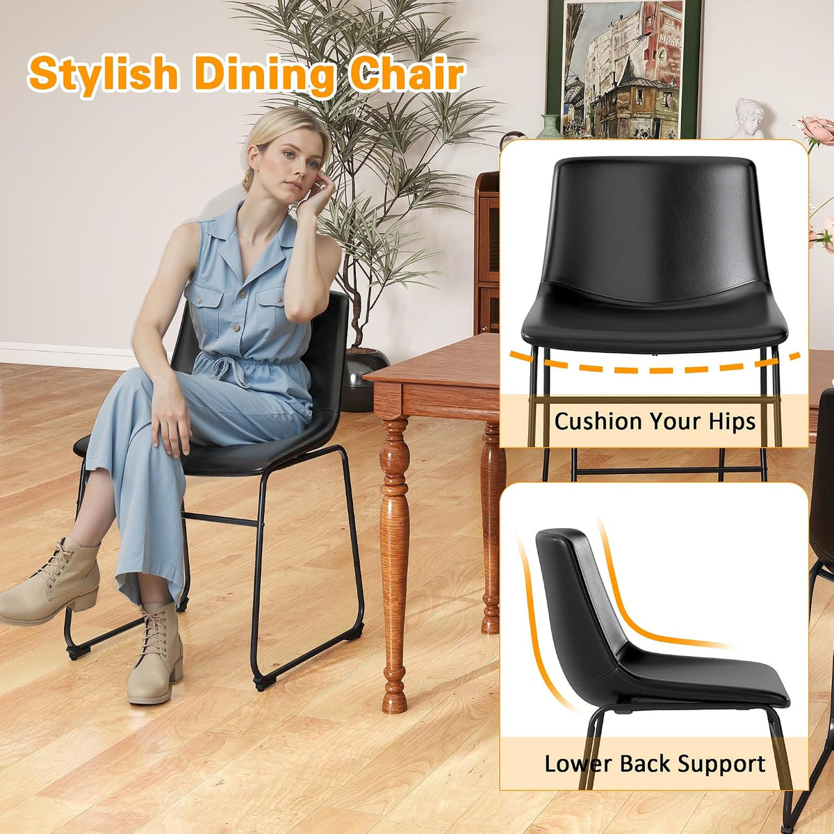 GOTMINSI Dining Chairs Set of 4, 18 Inch Modern Dinner Chairs, PU Leather Armless Dining Room Chairs with Sturdy Metal Legs and Upholstered Backrest for Kitchen (Black)
