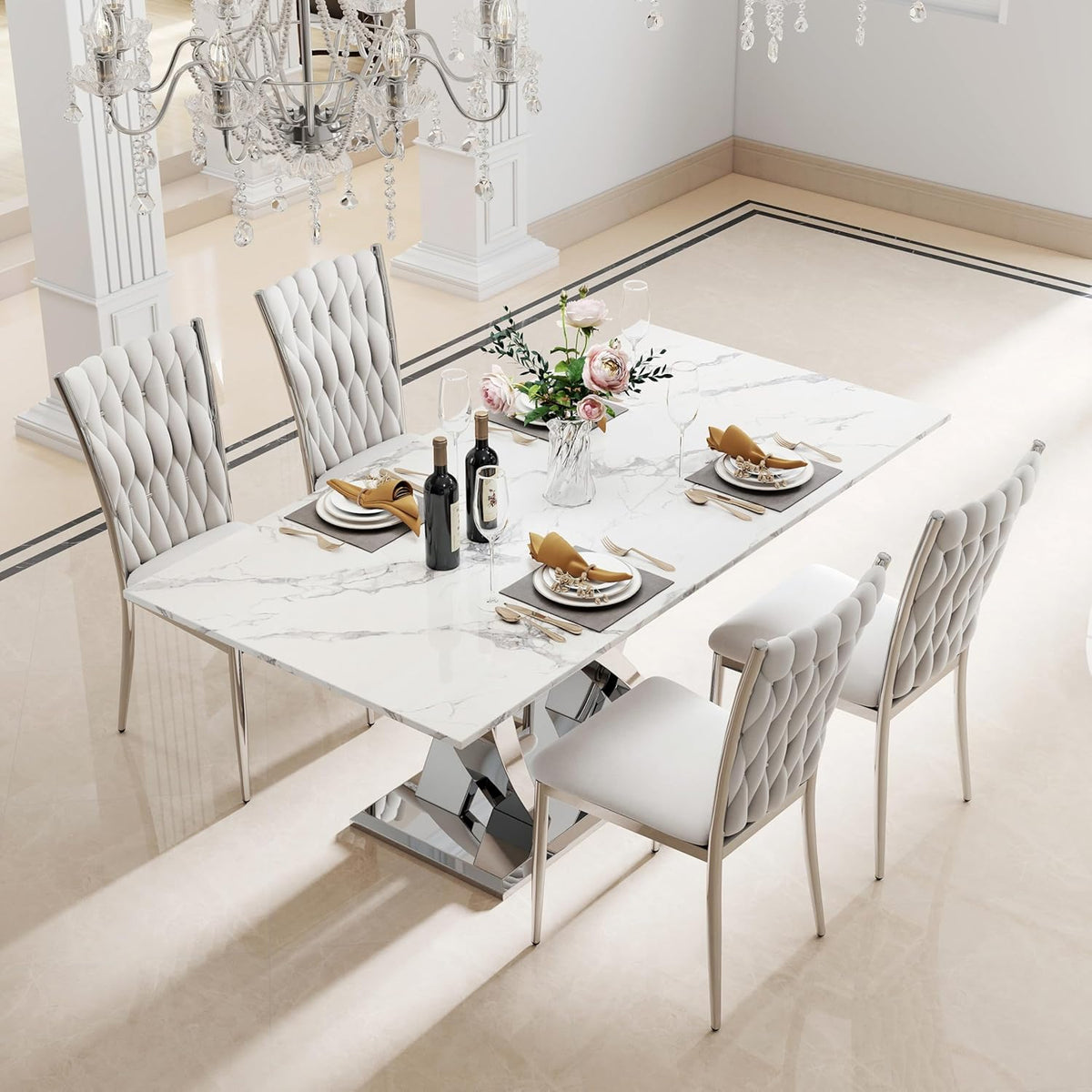 Modern Dining Chairs Set of 4, Light Grey Velvet Woven Kitchen Chair with Silver Metal Legs, Upholstered Cushion & High Back Design, Mid-Century Dining Chairs for Kitchen, Living Room