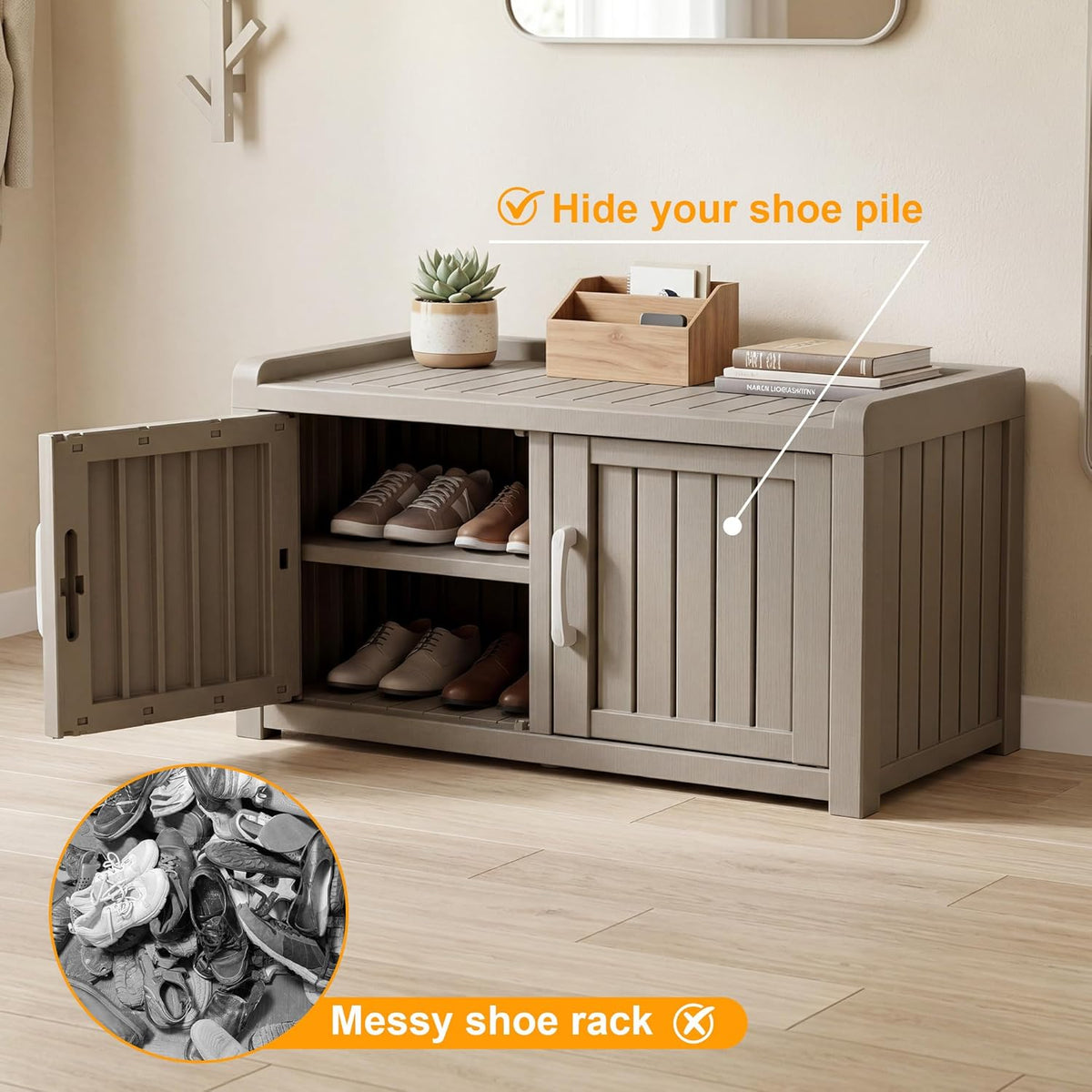 2-Tier Storage Bench, Waterproof UV-Resistant Outdoor Shoe Storage Cabinet, Outdoor Shoe Rack with 2 Doors & Adjustable Shelves for Indoor Outdoor Entryway, Hallway, Living Room (Grey)